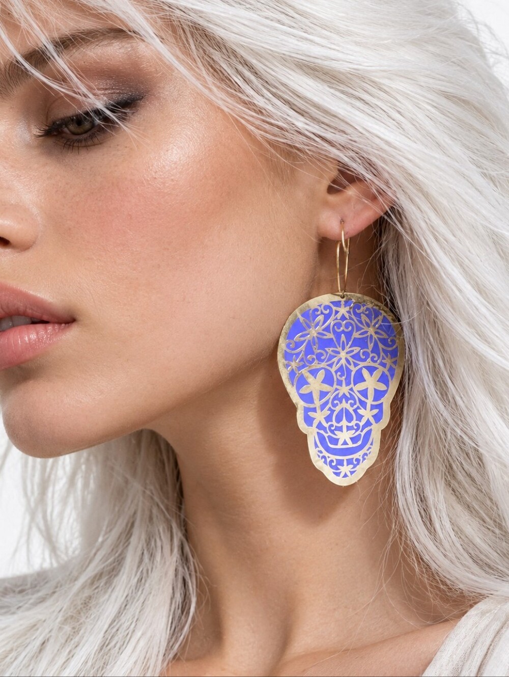 14K Gold-Plated Hoops dramatic Statement earrings Sugar Skull Purple Gold